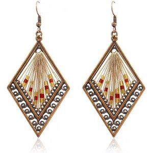 Diamond Shaped Brown Gold Boho Dangle Statement Vintage Dainty Earring for Women